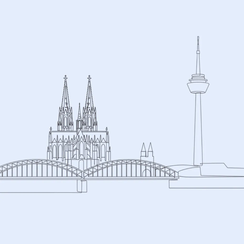 Line-art Silhouette von Köln als Hintergrundbild für das NLP Basic Wochenende – Winter Deals 2025/2026.