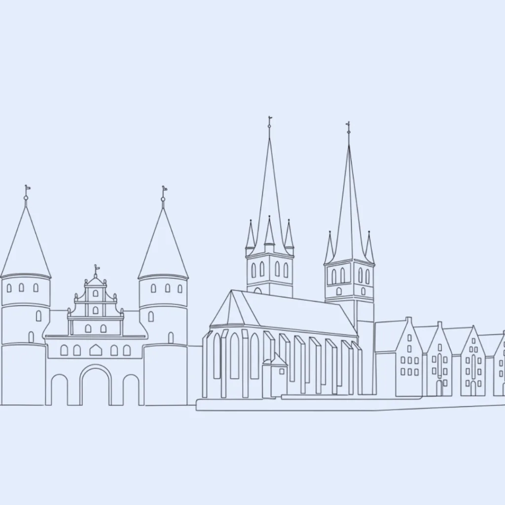 Line-art Silhouette von Lübeck als Hintergrundbild für das NLP Basic Wochenende – Winter Deals 2025/2026.