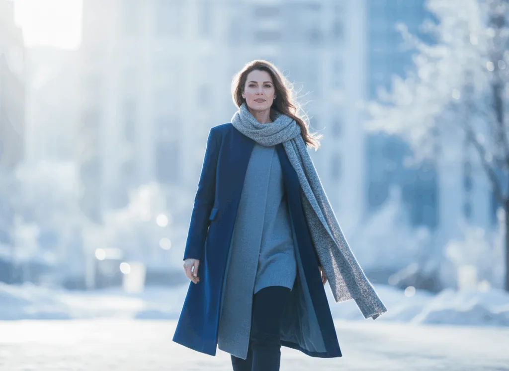 Winterliches Portrait einer Frau im grauen Mantel mit fokussiertem Blick – Sinnbild für Entschlossenheit und Jahresanfang-Momentum.